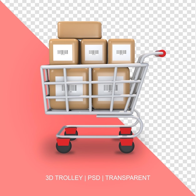 Red shopping cart with boxes 3d transparent no background