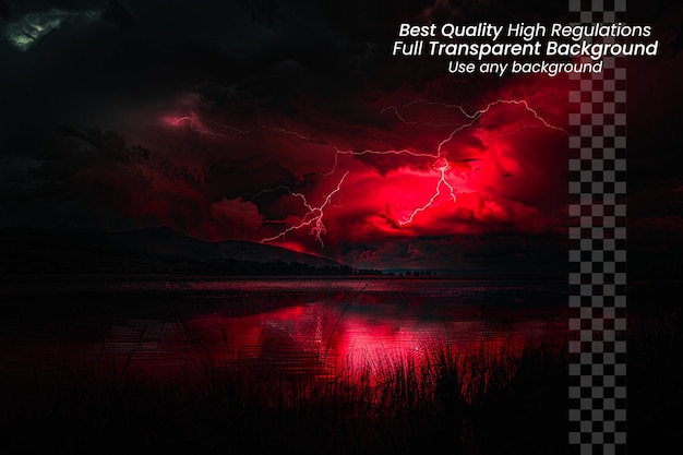 Red sky thunder lightning dancing above ocean with dark clouds on transparent surface