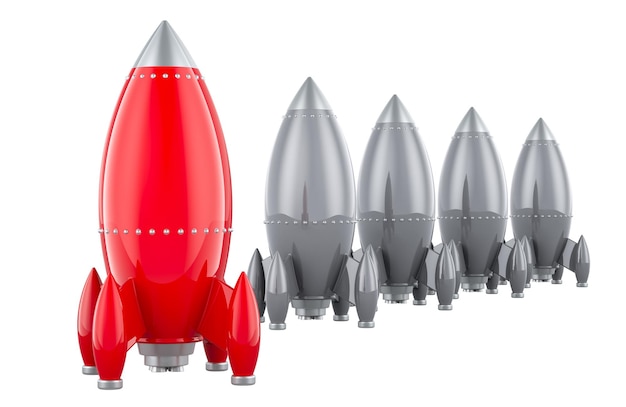 Red spaceship rocket among the others Leader winner concept 3D rendering isolated on transparent background