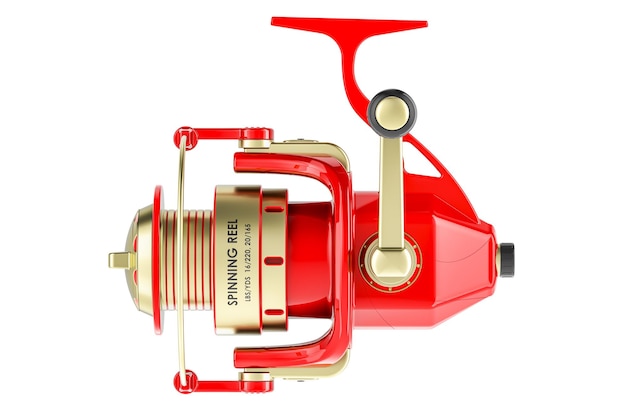 Red spinning reel side view 3d rendering isolated on transparent background