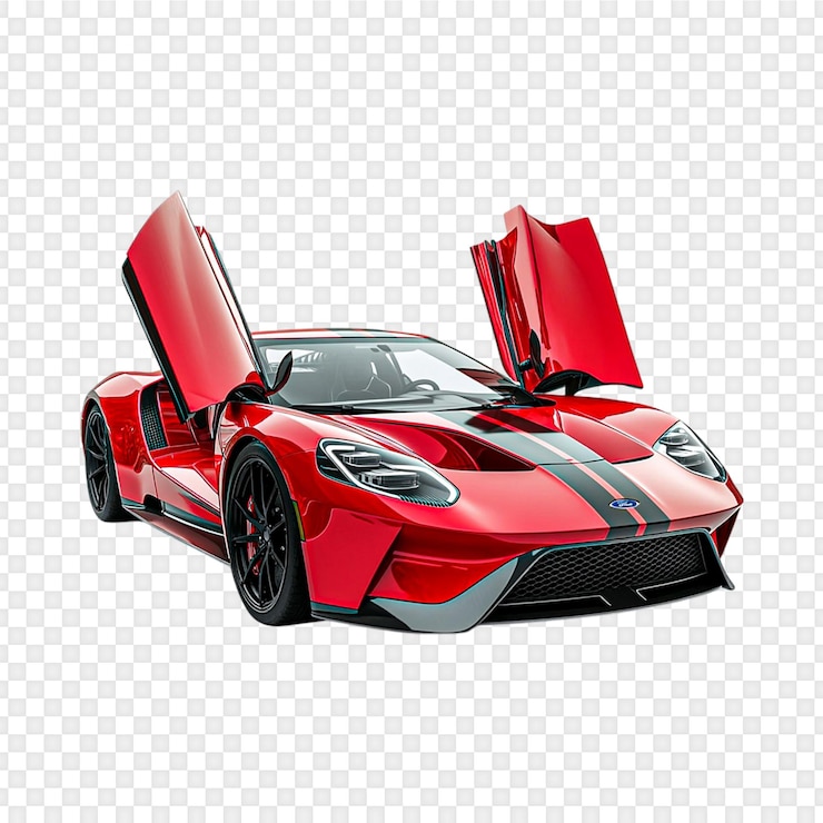PSD red sports car with gullwing doors isolated on a transparent background
