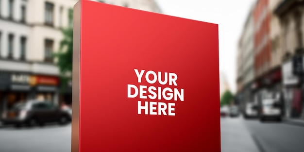 Mockup di insegna quadrata rossa all'esterno per negozi pubblicitari di presentazione del marchio di design del logo