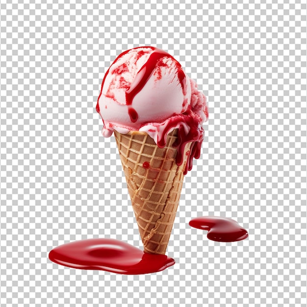 PSD a red strawberry ice cream cone with a red sauce on it on white background