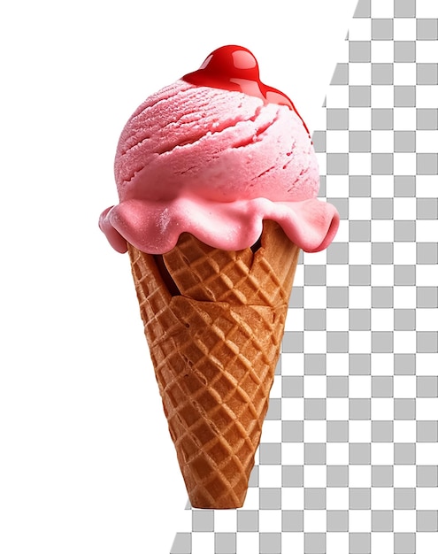 A red strawberry ice cream cone with a red sauce on it.