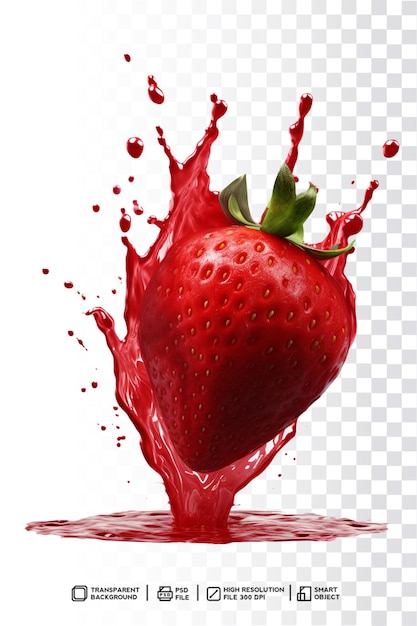 Una fragola rossa con una spruzzata di liquido su uno sfondo trasparente