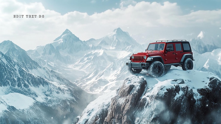 PSD red suv on snowy mountaintop overlooking valley