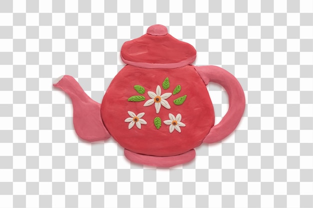 Красный чайник с цветами на нем ручной работы из пластилина
