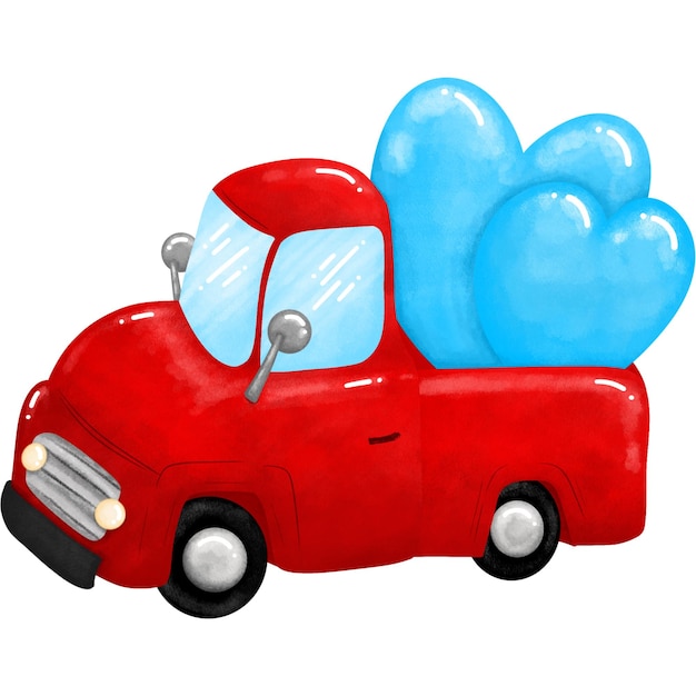 PSD red toy car truck heart cute draw paint design for decoration love design isolated on white