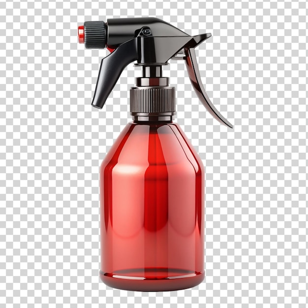 PSD red transparent plastic spray bottle isolated on transparent background