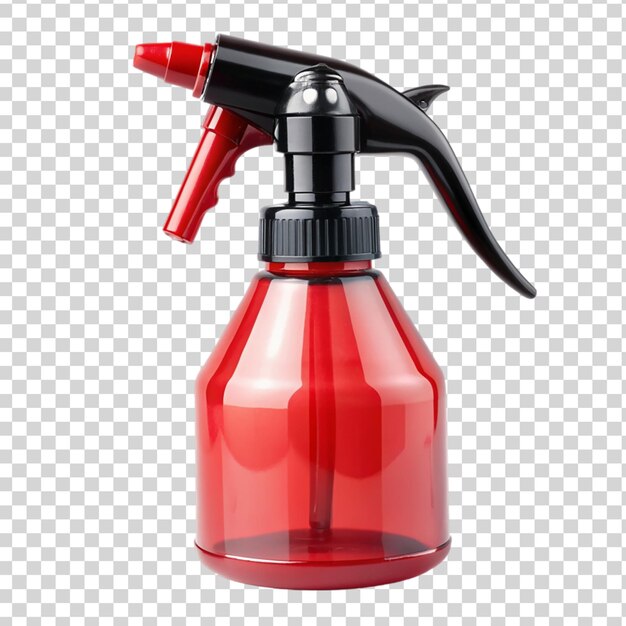 PSD red transparent plastic spray bottle isolated on transparent background