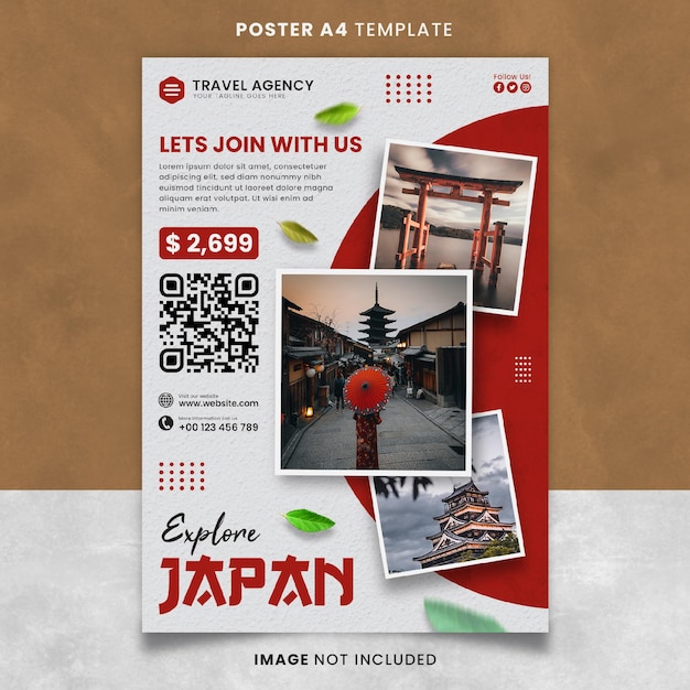 PSD red travel explore japan poster or banner template with flag background