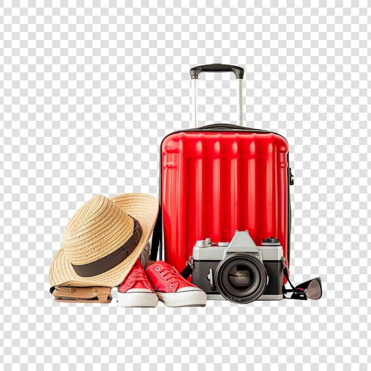 PSD red travel luggage bag hat map camera shoes airplaneglobe on a transparent background