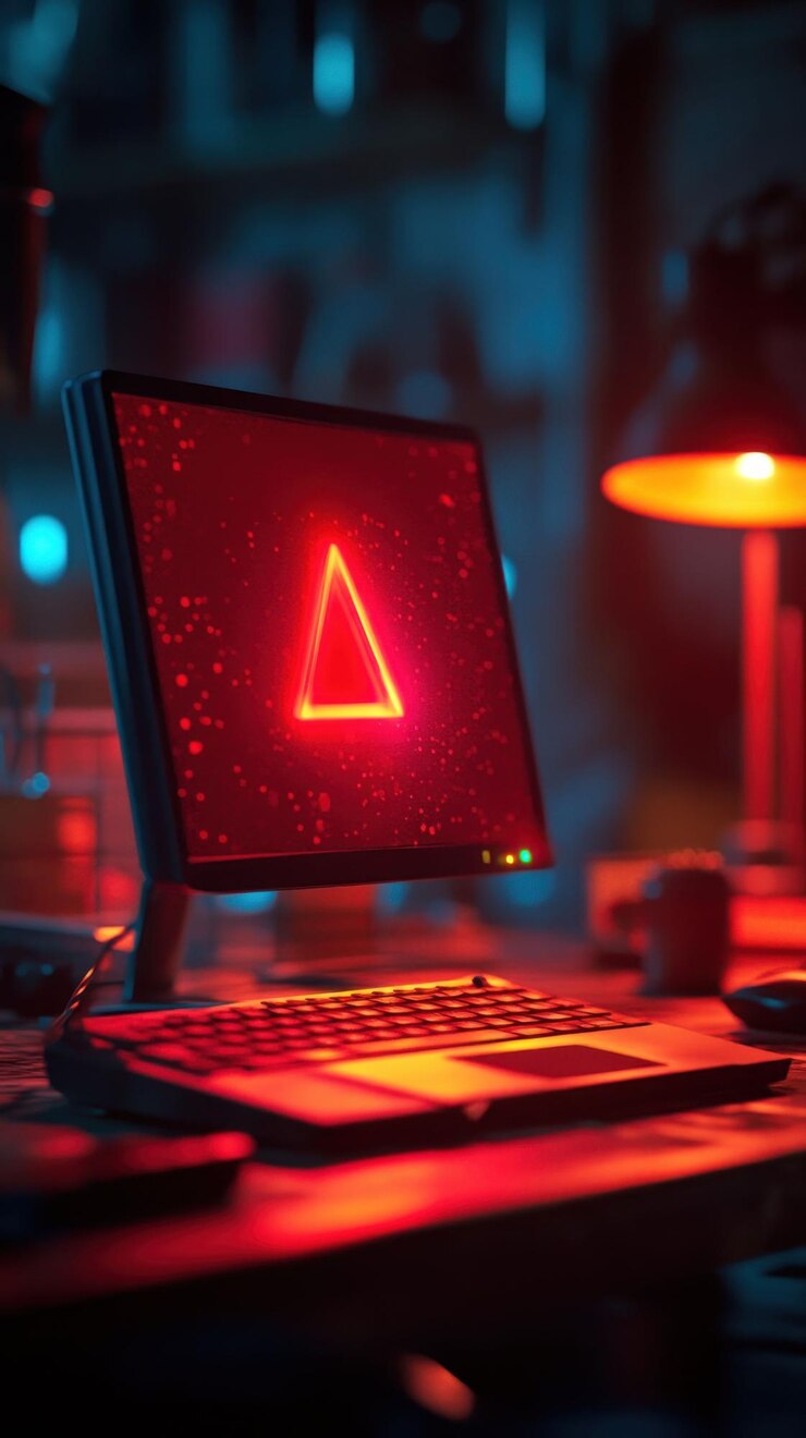 PSD a red triangle glows on a computer monitor in a dimly lit room