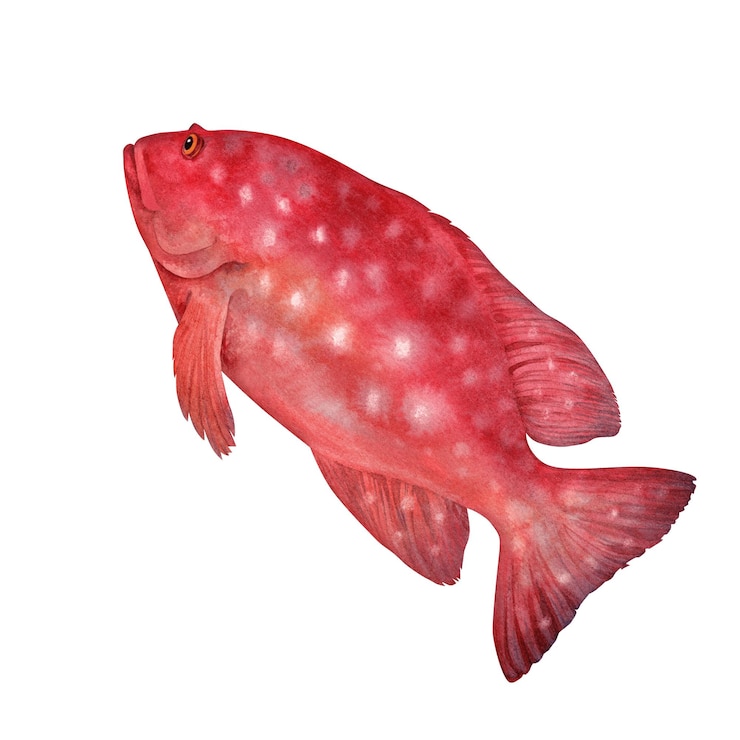 PSD red tropical fish with white spots watercolor coral garuppa or rock grouper isolated on white background for marine design snorkeling diving educational materials books textile arts craft