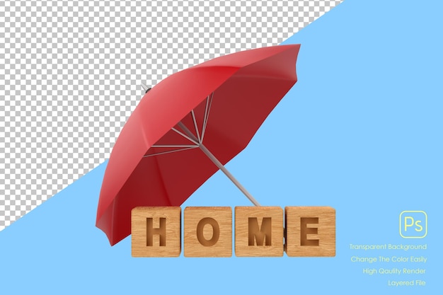 Red umbrella protecting home for house insurance concept