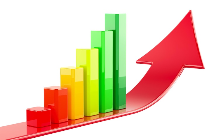 PSD red up arrow with colored growing bar chart 3d rendering isolated on transparent background