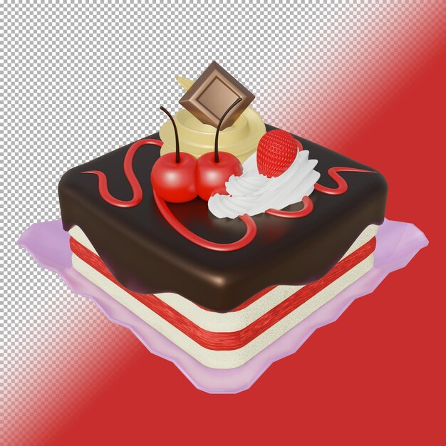 PSD torta di velluto rosso con crema al cioccolato e frutta ciliegia nel rendering 3d