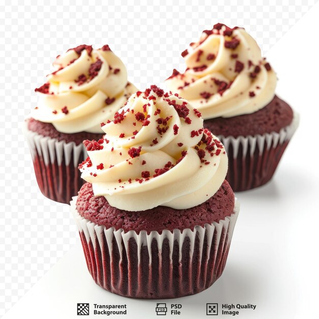 PSD red velvet cupcakes group with buttercream frosting isolated closeup with white isolated background