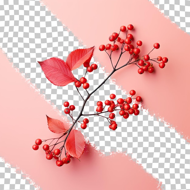 Red viburnum berries and twigs on transparent background top view