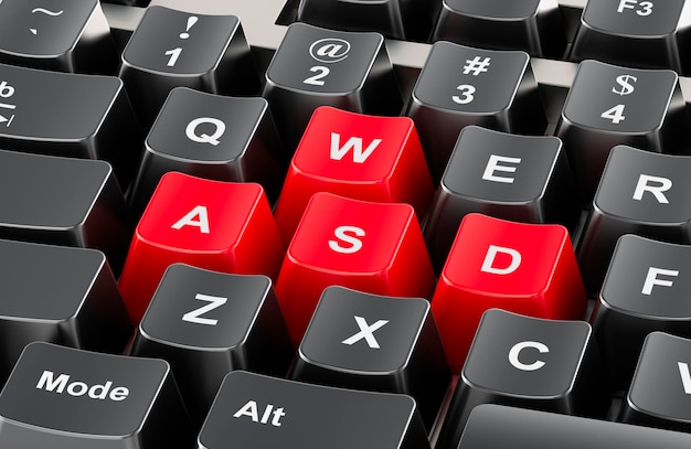 Красные клавиши WASD на компьютерной клавиатуре 3D-рендеринг