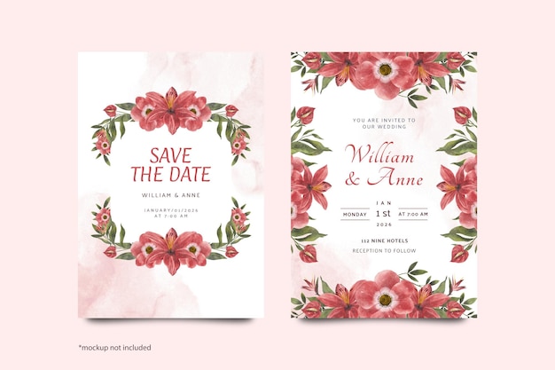 PSD 赤い水彩花の結婚式の招待状のテンプレート