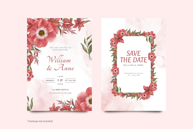 PSD red watercolor flower wedding invitation template