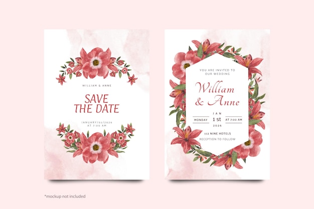 red watercolor flower wedding invitation template