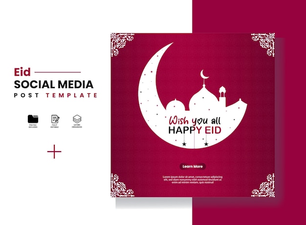 PSD a red and white card with a wish you all happy eid.