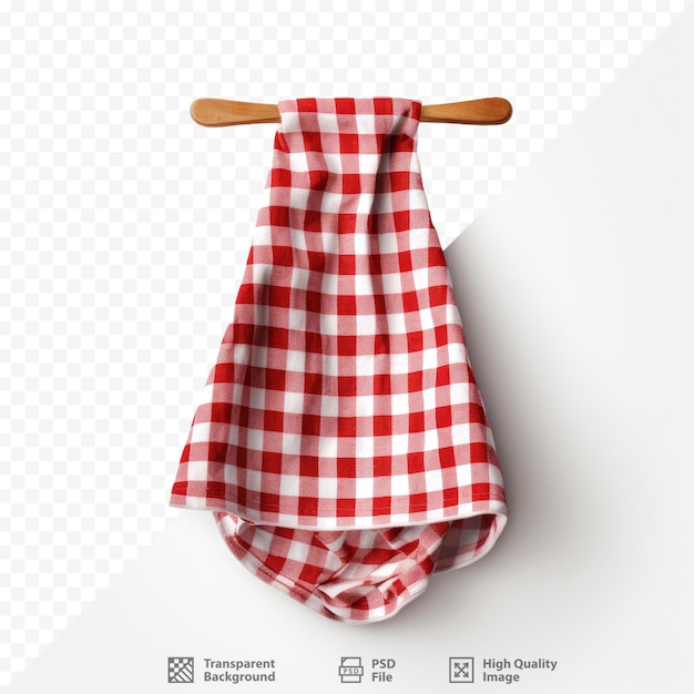 A red and white checkered scarf hangs on a wooden hanger.