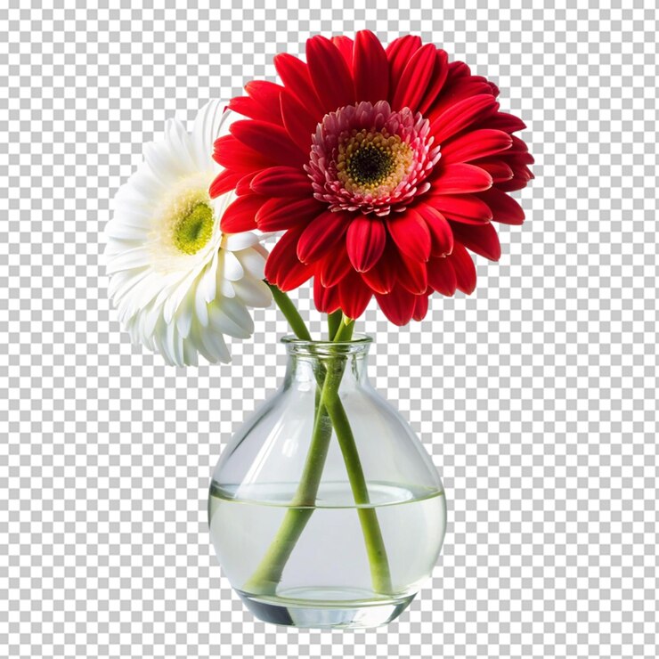 PSD red and white flower in a vase on transparent background