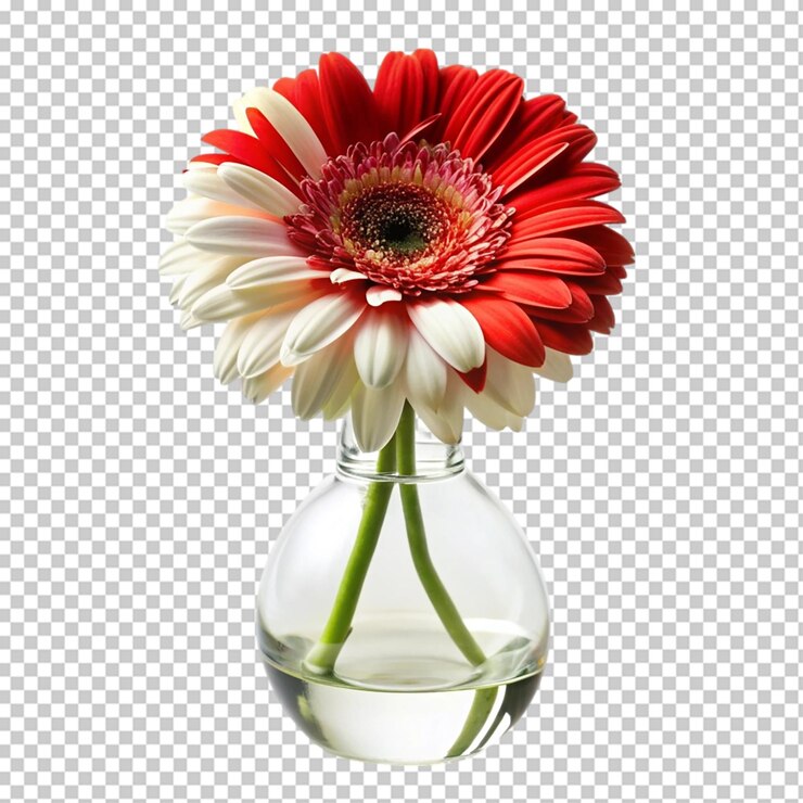 PSD red and white flower in a vase on transparent background