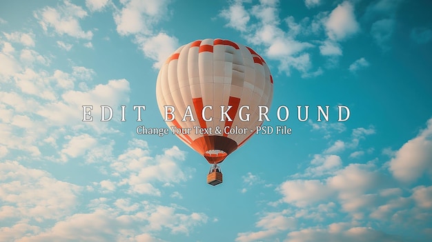 A red and white hot air balloon flies through a bright blue sky with white clouds