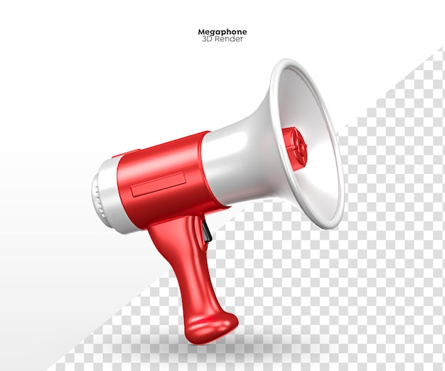 PSD red and white megaphone 3d render isolated for composition