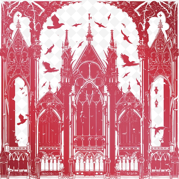 A red and white picture of a church with birds flying around it