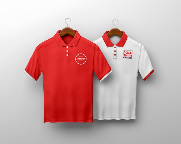 PSD red and white polo shirts on hangers