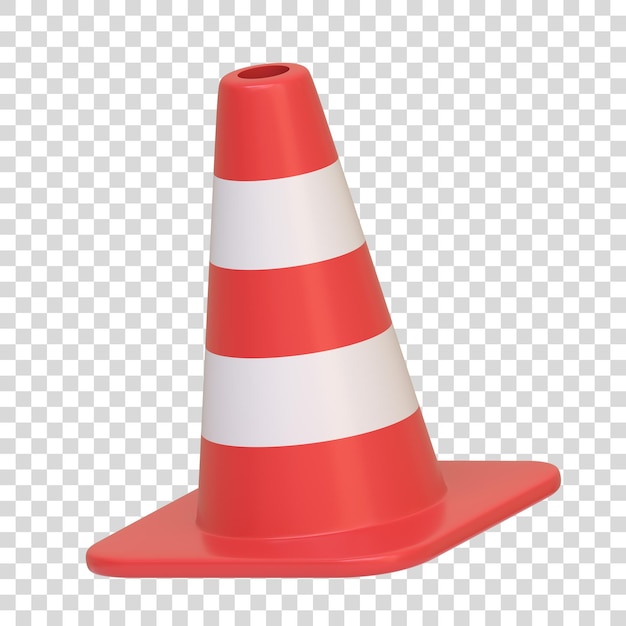 PSD red and white striped traffic cone isolated on a white background 3d icon sign and symbol