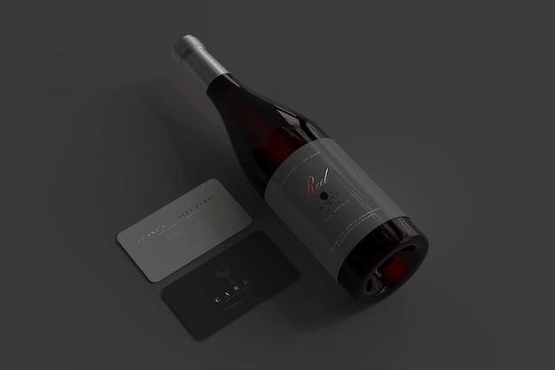 Red wine bottle with business cards mockup