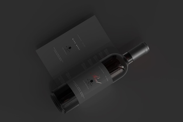 PSD red wine bottle with menu mockup