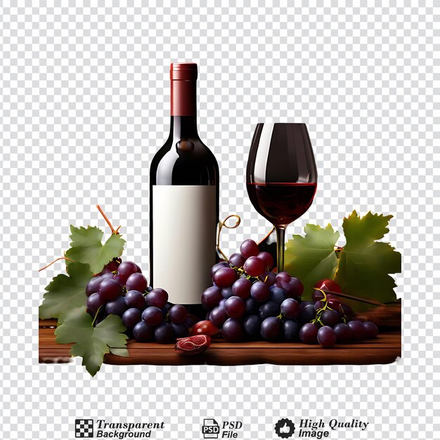 Red wine bottle with wine grapes isolated on transparent background