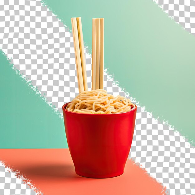 Red wooden chopsticks dried instant noodles isolated on transparent background