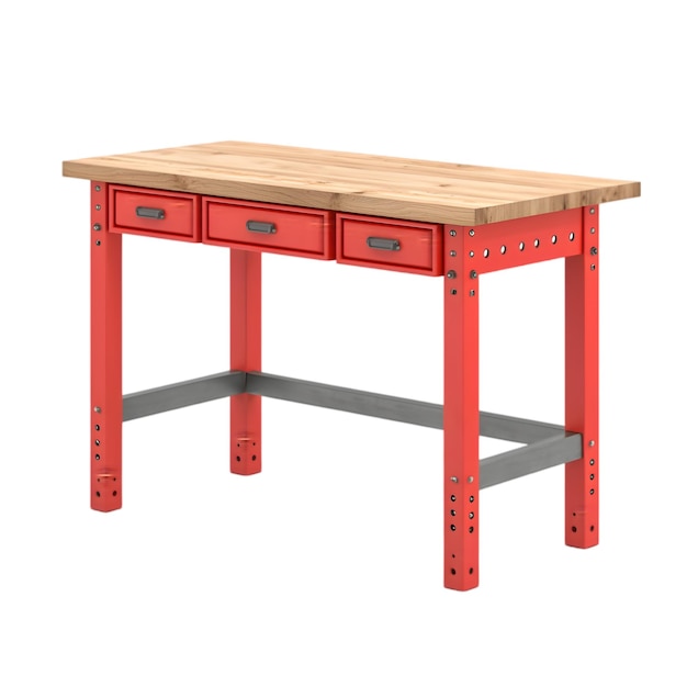 red work desk with wooden top and drawers 3d illustration of a modern office or workshop table