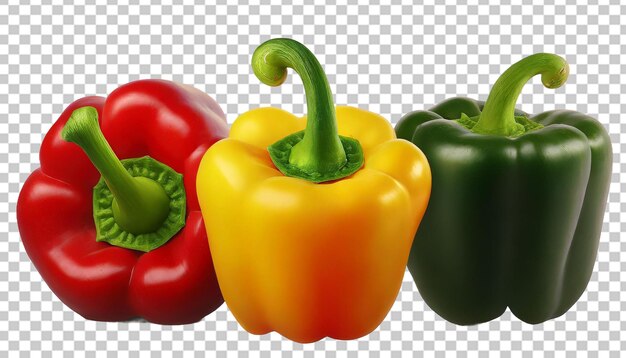 Red yellow and green bell peppers on transparent background