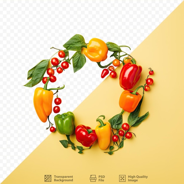 PSD peperoncini freschi rossi, gialli e verdi insieme a un mucchio di pomodori catturati su uno sfondo trasparente dall'alto con spazio per il testo