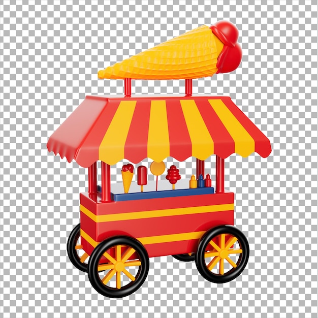 a red and yellow ice cream cart with a large cone on top.