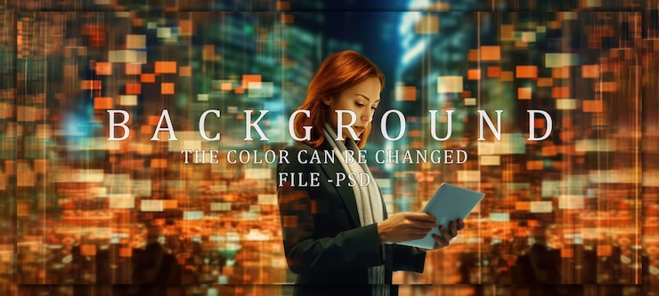 PSD redhead woman using tablet in a cityscape