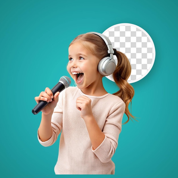 PSD redheaded joyful girl in headphones is singing karaoke