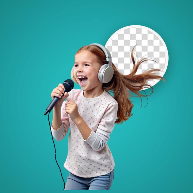 PSD redheaded joyful girl in headphones is singing karaoke