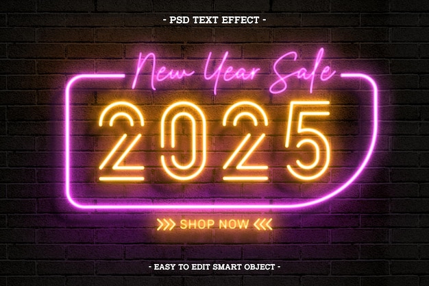 Redigerbar teksteffekt i neonstil Godt Nytt År 2025