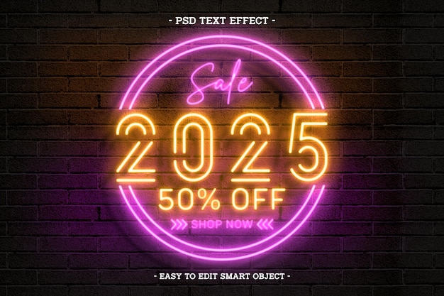 Redigerbar teksteffekt i neonstil Godt Nytt År 2025