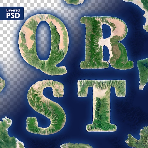 Reeks brieven gemaakt in de vorm van een eilandkaart